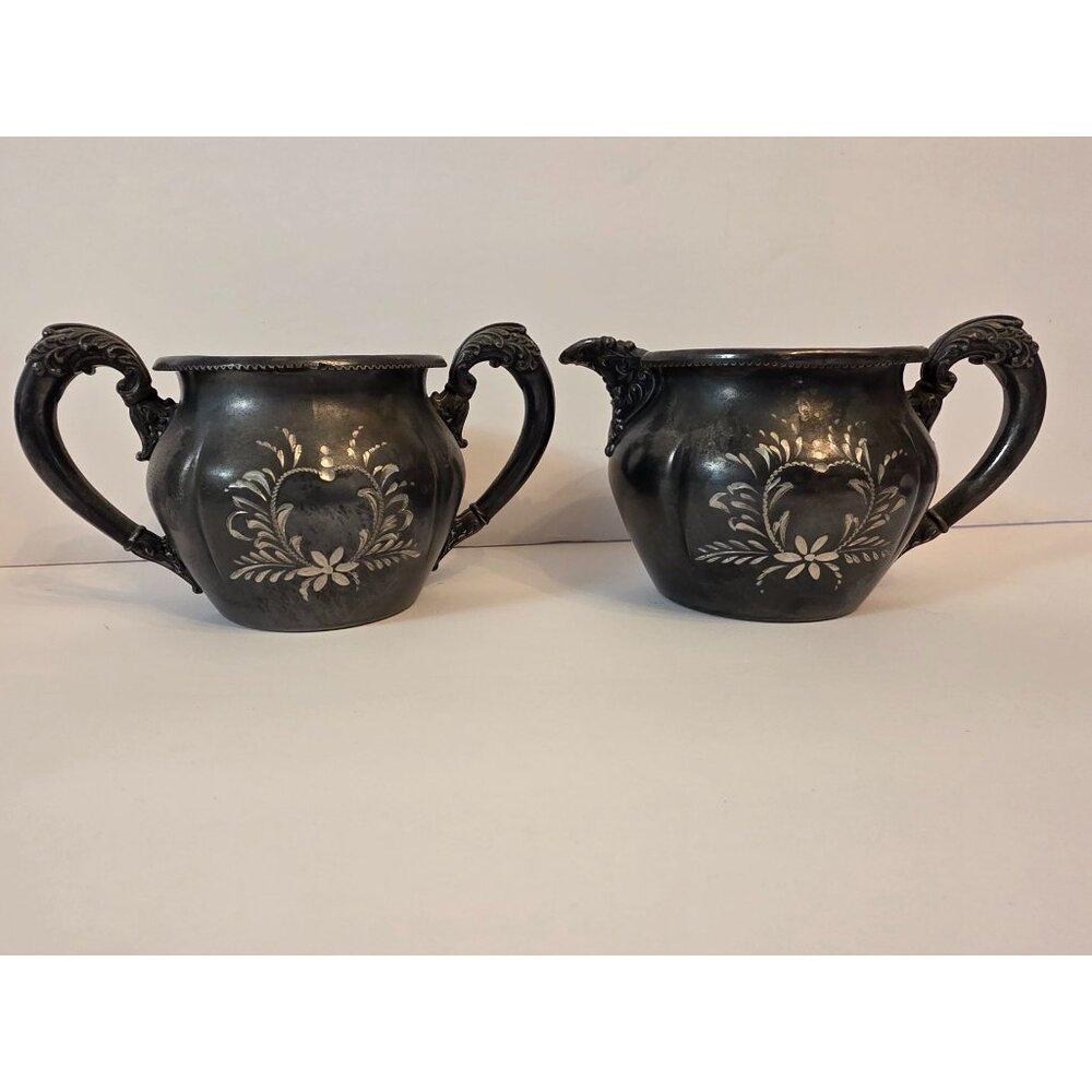 Vintage Forbes Silver Plated Sugar Bowl & Creamer Engraved Floral Ornate Handles